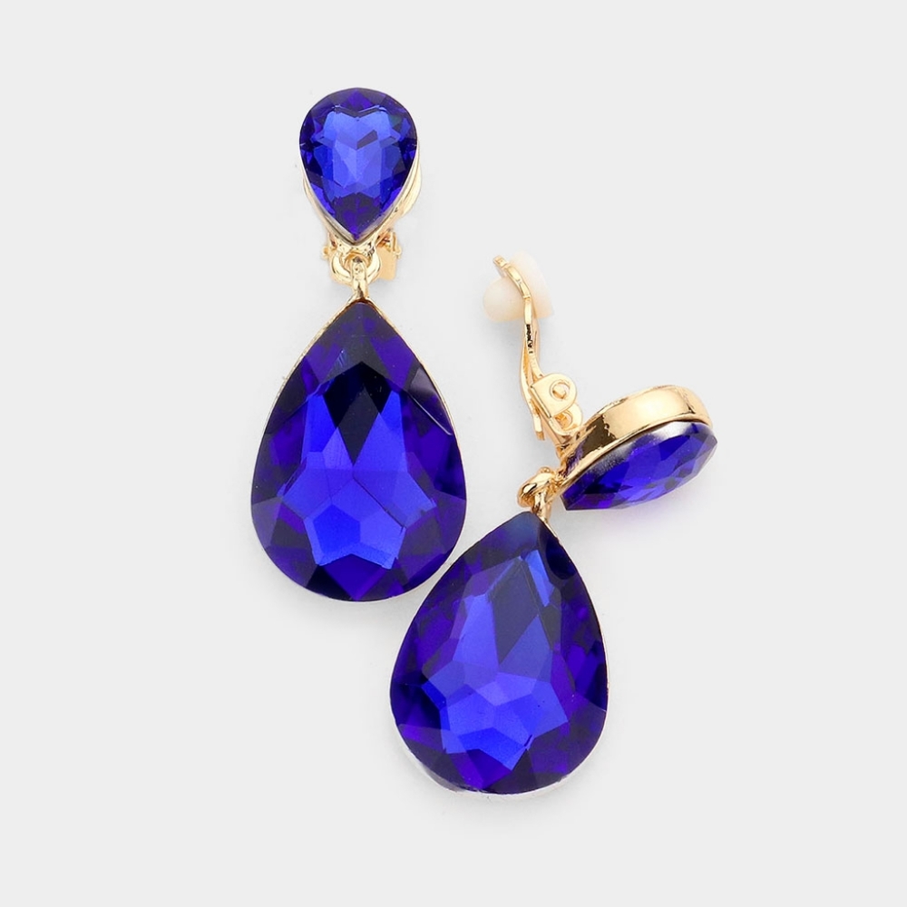 Sapphire Dangle Crystal Clip On Earrings 1.75 Inch Teardrop Statement Jewelry